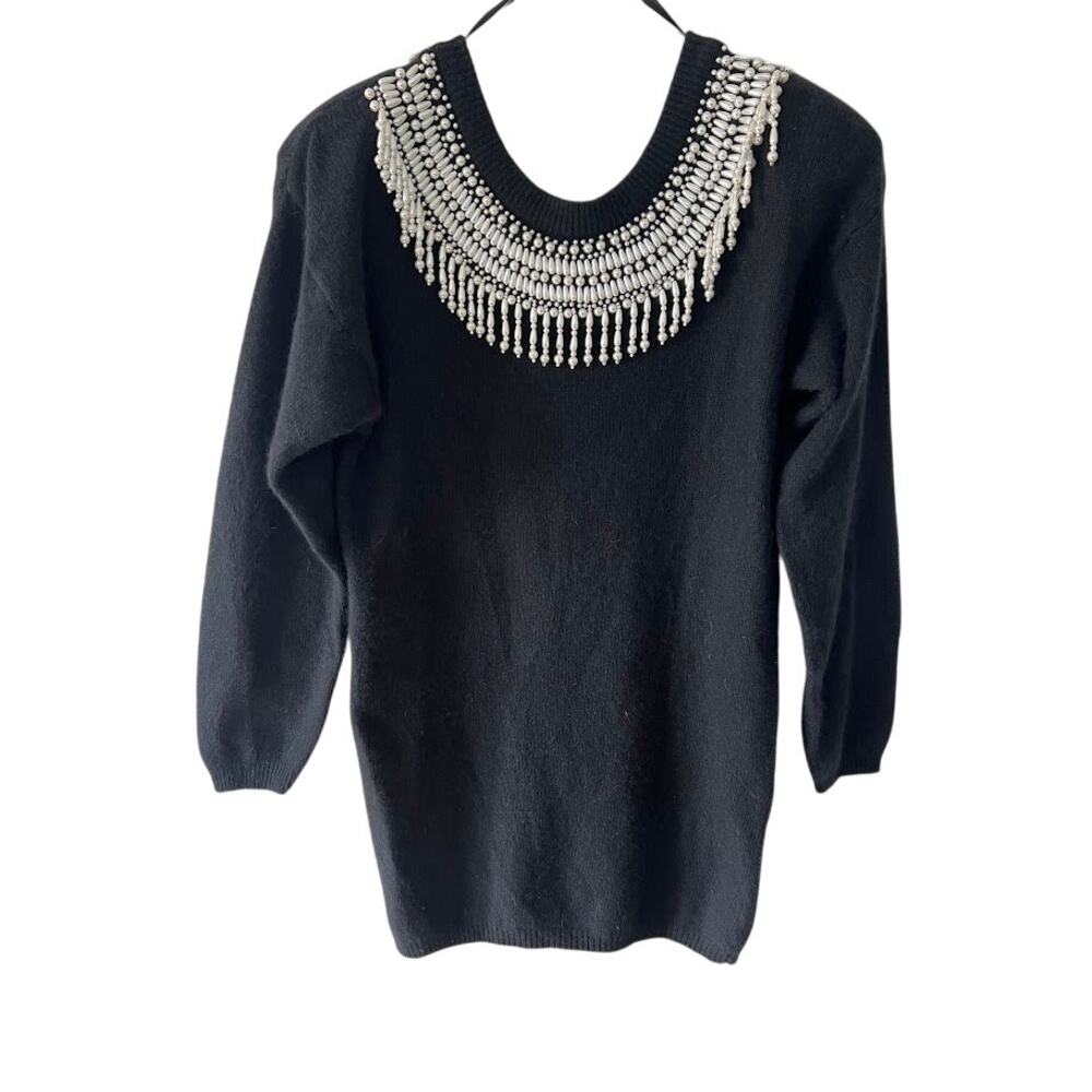 Vintage Contempo Casuals Black Pearl Neckline Knit Tunic Sweater M Long Sleeve